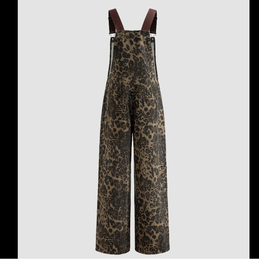 DENIM LEOPARD POCKET BUCKLE UP WIDE
LEG OVERSIZED JUMPSUIT
